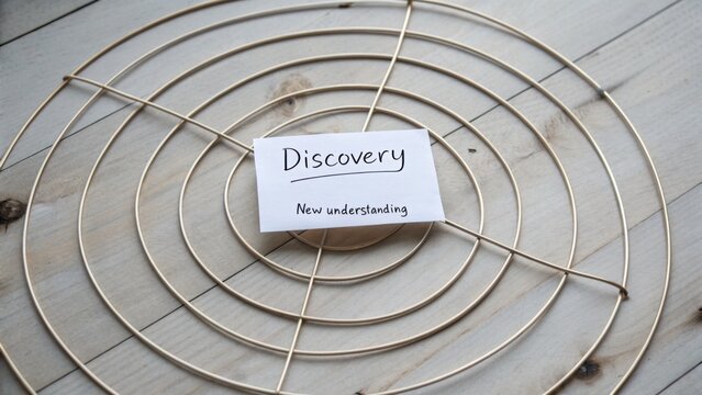 Concept of discovery with handwritten note on circular metal pattern emphasizing new understanding and knowledge acquisition