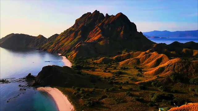 Stunning golden hour view of padar island with its iconic tri-colored beach and jagged mountain