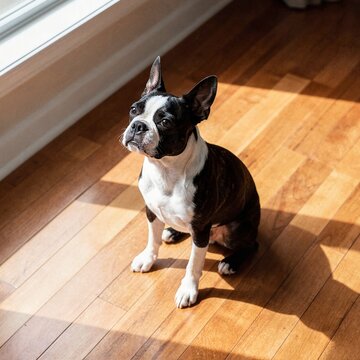 A black and white Boston Terrier sits on a hardwood floor looking up expectantly towards a window in bright indoor light.