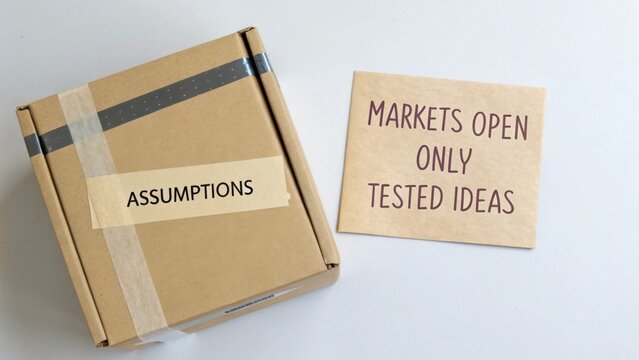 Creative Concept of Assumptions in Business with Package and Card Emphasizing Tested Ideas for Market Success