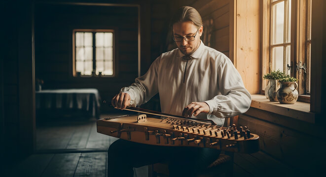 Artist sitting in wooden room performing on unique historical zither