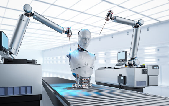 Robot assembly line producing cyborg in factory
