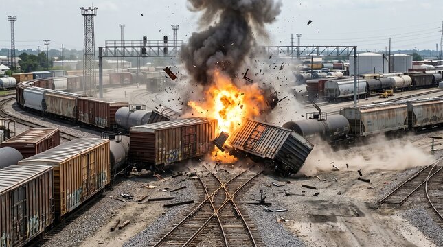After missile attack train cars exploding in a scrapyard with scrap yard junk pile scrapyard explosion train wreck explosion wreckage destruction accident disaster