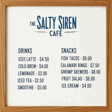 A menu board with a list of drinks and snacks