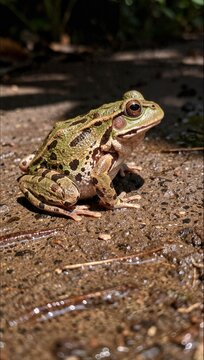 A large green spotted leopard frog sits on wet ground near a pond with sunlight reflecting off its moist skin in nature.