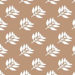 Fototapeta premium Seamless pattern with white hand-drawn leaf branches on a brown background. Minimalist floral design for wallpaper, textile, and wrapping paper.