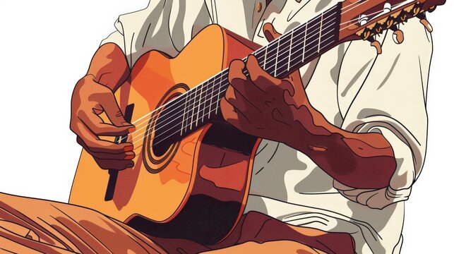 A cute cartoon Style ofA close-up of a musician playing an acoustic guitar