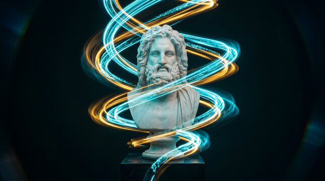 Marble bust of ancient greek philosopher surrounded by vibrant neon light trails