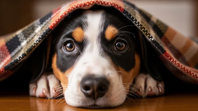 Adorable puppy lying on wooden floor partially covered with a cozy checkered blanket looking directly at the camera with big expressive eyes and relaxed posture
