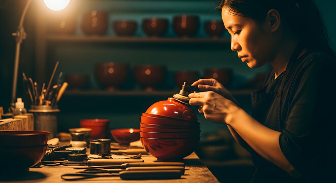 A focused young woman uses a mechanical tool to polish the surface of stacked red lacquerware bowls to a high shine