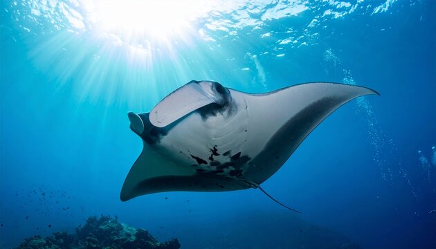 Large gray manta ray swimming underwater.