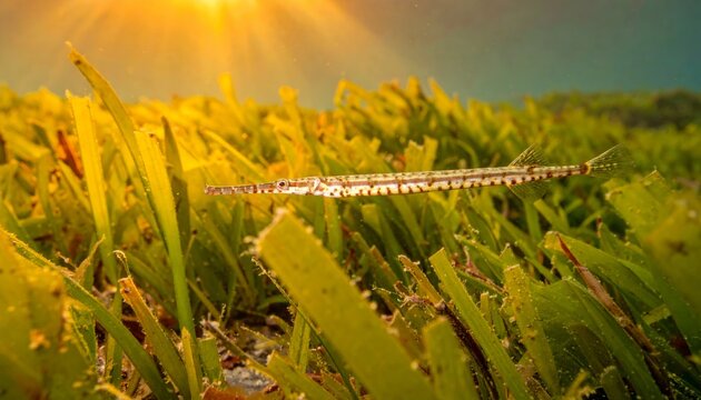Underwater scene with a pipefish swimming near sea grass and sunlight.