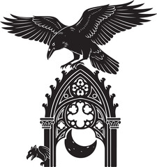 Fototapeta premium Silhouette of a crow perched on a gothic archway with crescent moon, Generative Ai