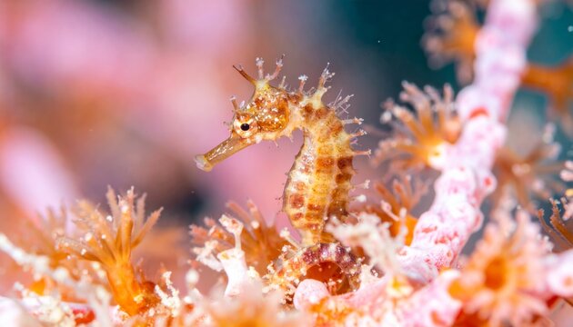 Vibrant orange seahorse in coral reef.