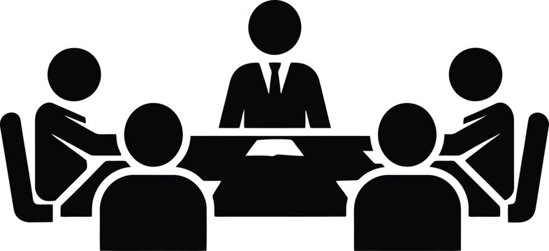Business boardroom meeting icon showing group sitting around rectangular table.