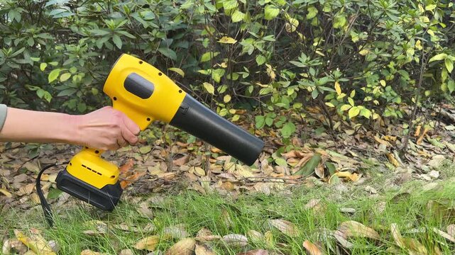 Close-up shot of a gardener's hand holding a compact wireless cordless electric blower