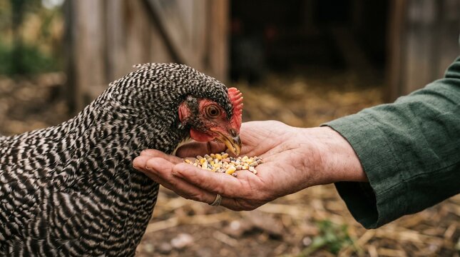Farmer feeding chicken corn kernels from open hand, close up on bird and human interaction