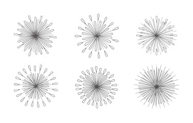 Obraz premium Six grey starbursts with teardrop tips arranged in two rows pattern abstract