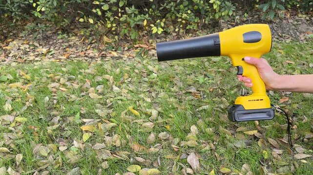 Close-up shot of a gardener's hand holding a compact wireless cordless electric blower