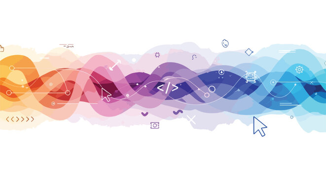 A multicolored abstract background with coding symbols and icons