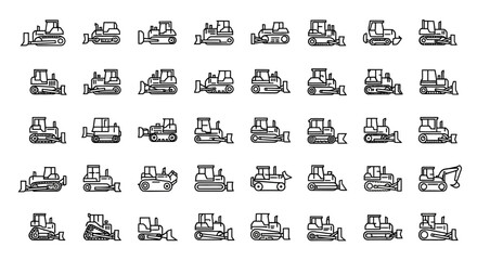 Construction Vehicle Icons Set: Bulldozers, Loaders, Excavators - Line Art Collection © apip