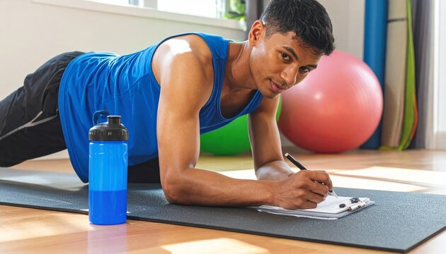 Man in gym taking notes on fitness plan.