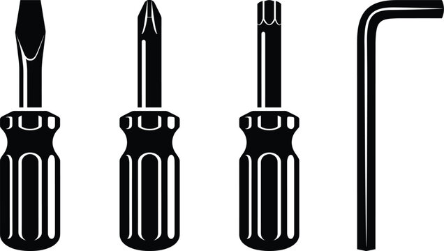 Black silhouette vector illustration set of manual hand tools including flathead, phillips, and torx screwdrivers with allen hex key wrench