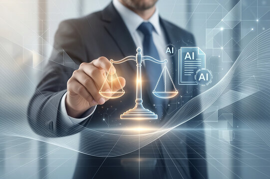 Businessman touching glowing law scales icon with AI and policy document symbols. Concept of artificial intelligence governance, digital ethics, legal compliance, and corporate regulations.