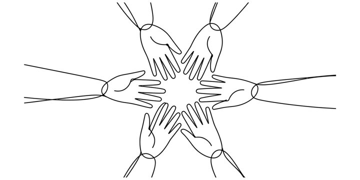 Minimalist line art illustration of six hands reaching towards the center to form a circle Vector, illustration