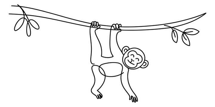 A simple line drawing of a happy monkey hanging from a tree branch with leaves. Vector, illustration