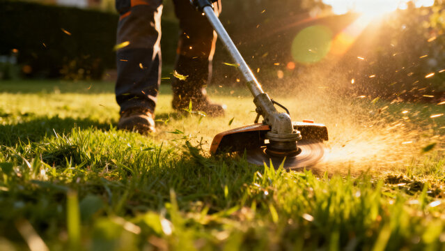 Closeup of gardener cutting lawn with a grass trimmer at golden hour. Garden maintenance, landscaping, yard care and outdoor work concept