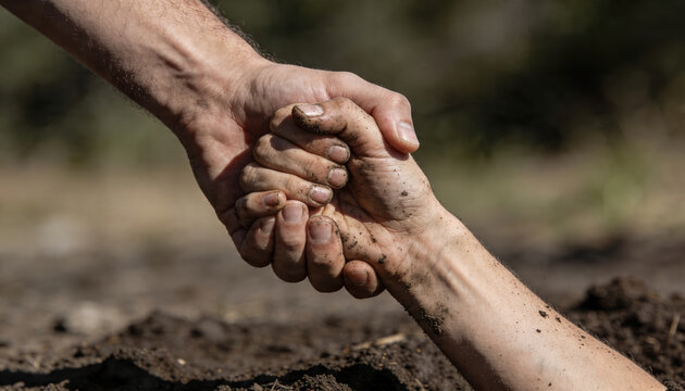 Two determined hands firmly grasp each other powerful display of human connection, support, and mutual aid. Moment signifies hope, help