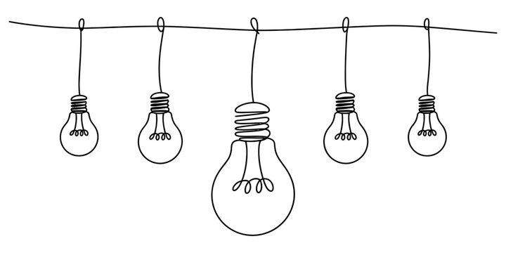 Hand drawn illustration of light bulbs hanging on a wire with one large central bulb Vector, illustration