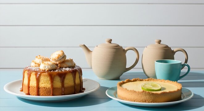 A light and airy table with a sea-salt caramel cake, coconut macarons, and key lime pie. A sandy-beige teapot and turquoise cup on a light blue table. Background is a white shiplap wall. Bright, high-