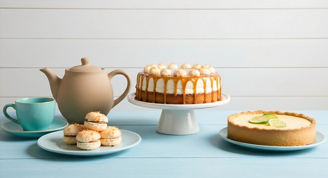 A light and airy table with a sea-salt caramel cake, coconut macarons, and key lime pie. A sandy-beige teapot and turquoise cup on a light blue table. Background is a white shiplap wall. Bright, high-