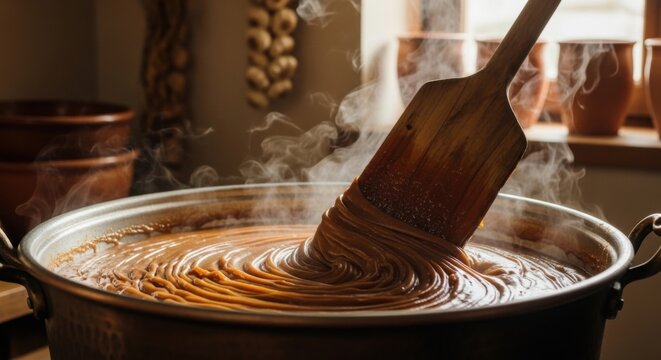 Rich Chocolate Sauce Stirred in Large Copper Pot with Wooden Spatula