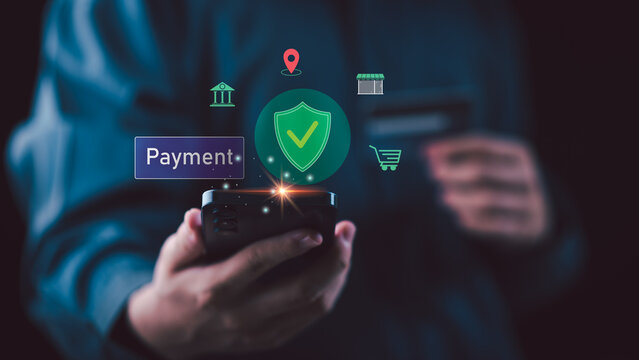 Financial analyst secures mobile payment authentication with digital shield protection, fintech security verification, contactless transaction safety, encrypted banking interface, fraud prevention