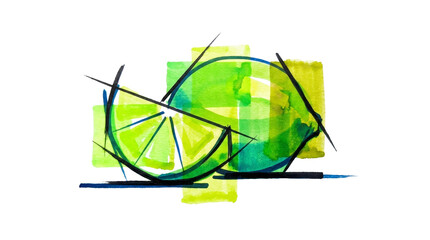 Obraz premium Lime slice drawing on png background, abstract, bold lines, bright colors.