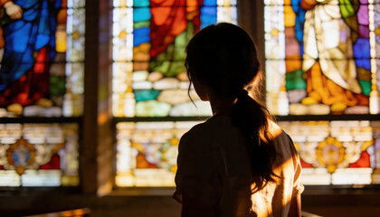 Obraz premium Young woman stands silhouetted, back to viewer, bathed in warm light from vibrant stained glass windows, evoking peace and reflection