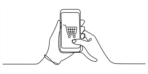 Continuous line drawing of hands holding a smartphone with a shopping cart icon for online shopping. Vector, illustration © Kailash Roy