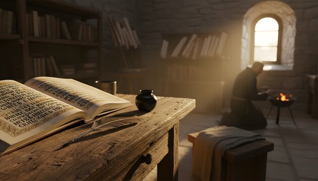 Ancient manuscript on wooden table in a medieval scriptorium with a monk praying, celebrating the Day of Slavic Written Language and Culture concept with cinematic lighting