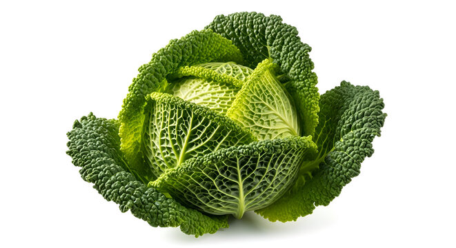 Fresh green savoy cabbage on white.