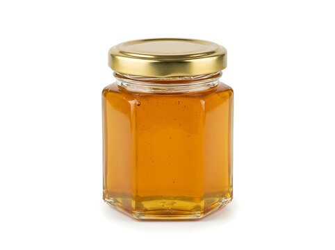 Blank clear hexagonal glass jar with gold lid mockup isolated on white