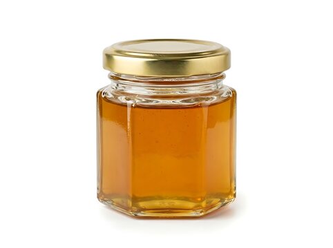 Blank clear hexagonal glass jar with gold lid mockup isolated on white