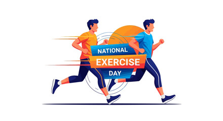 Fototapeta premium Illustrated vector design depicts a National Exercise Day concept with two athletic men jogging in a dynamic composition against a clean white background, promoting a healthy lifestyle
