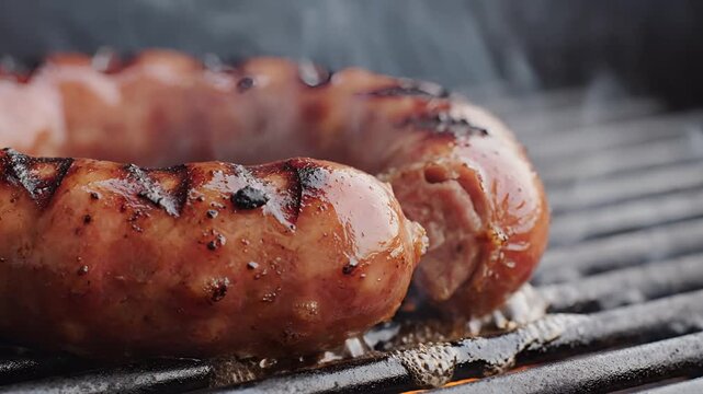 Closeup of a juicy sausage grilling on a barbecue grill with smoke rising.