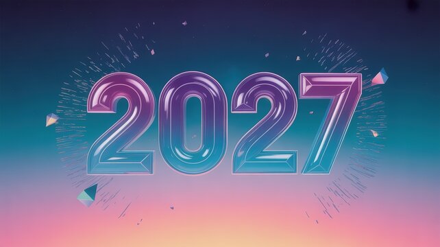 Futuristic Holographic 2027 New Year Typography with Gradient Pink Blue Backdrop Floating Geometric Accents for Digital Greeting Cards Event Posters and Social Media Campaigns