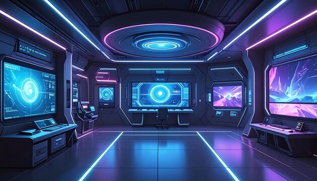 Futuristic control room interior with glowing neon accents and multiple large screens displaying abstract data visuals