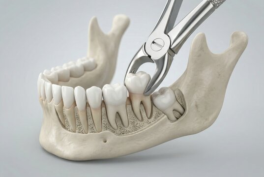 Human jaw model showing wisdom tooth removal with forceps