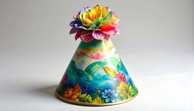 A colorful, whimsical floral hat with a conical shape